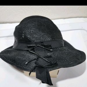 Vintage 1960s Camelot New York Black Woven Hat w/Band And Bows Union Made USA